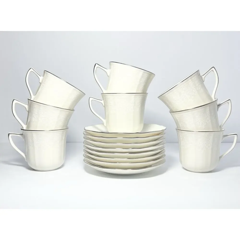 Noritake “Chandon, Platinum” Set of 8 Bone China Teacups 3” 8oz & Saucers 6”